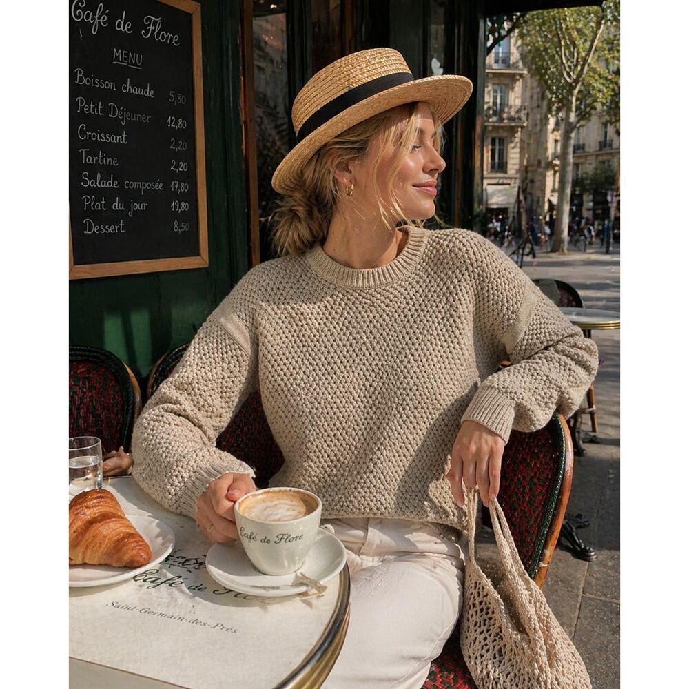 Umberto Ginocchietti Chunky Fisherman Knit Sweater Top Linen Coastal Beige Tan - Picture 12 of 12